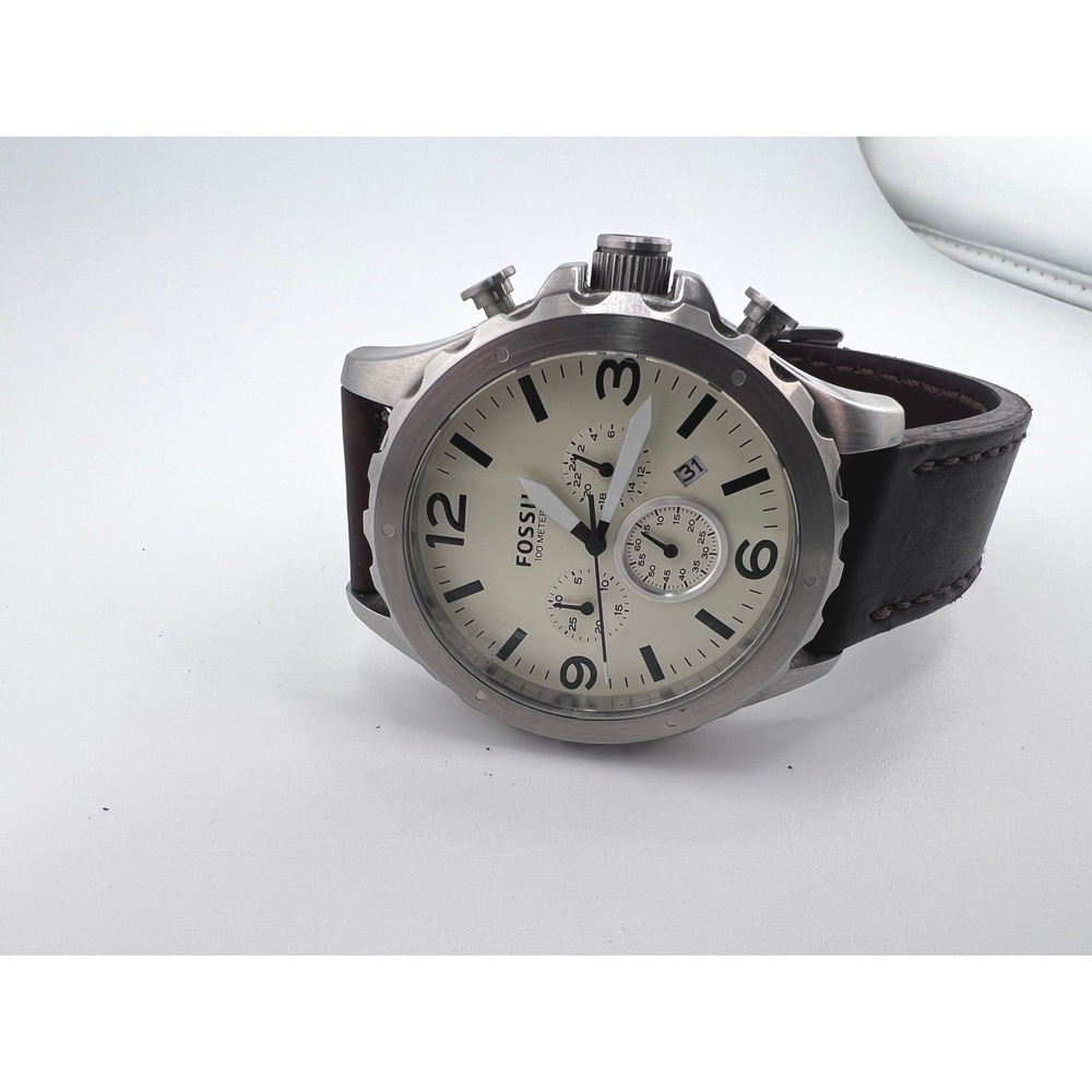 Fossil‎ JR1473 Cream Dial Silver Case Brown Leather Band Men's Chronograph Watch